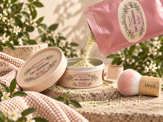 Shampoing sec rechargeable DryA avec poudrier réutilisable, recharge et pinceau kabuki