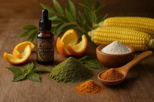 Ingrédients naturels du shampoing sec DryA : maïs, orange, ortie et tea tree
