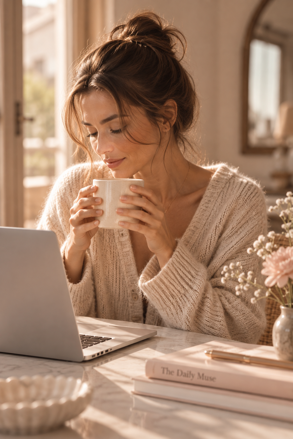 Femme travaillant sur son ordinateur avec une tasse de café – routine cheveux rapide avec DryA.
