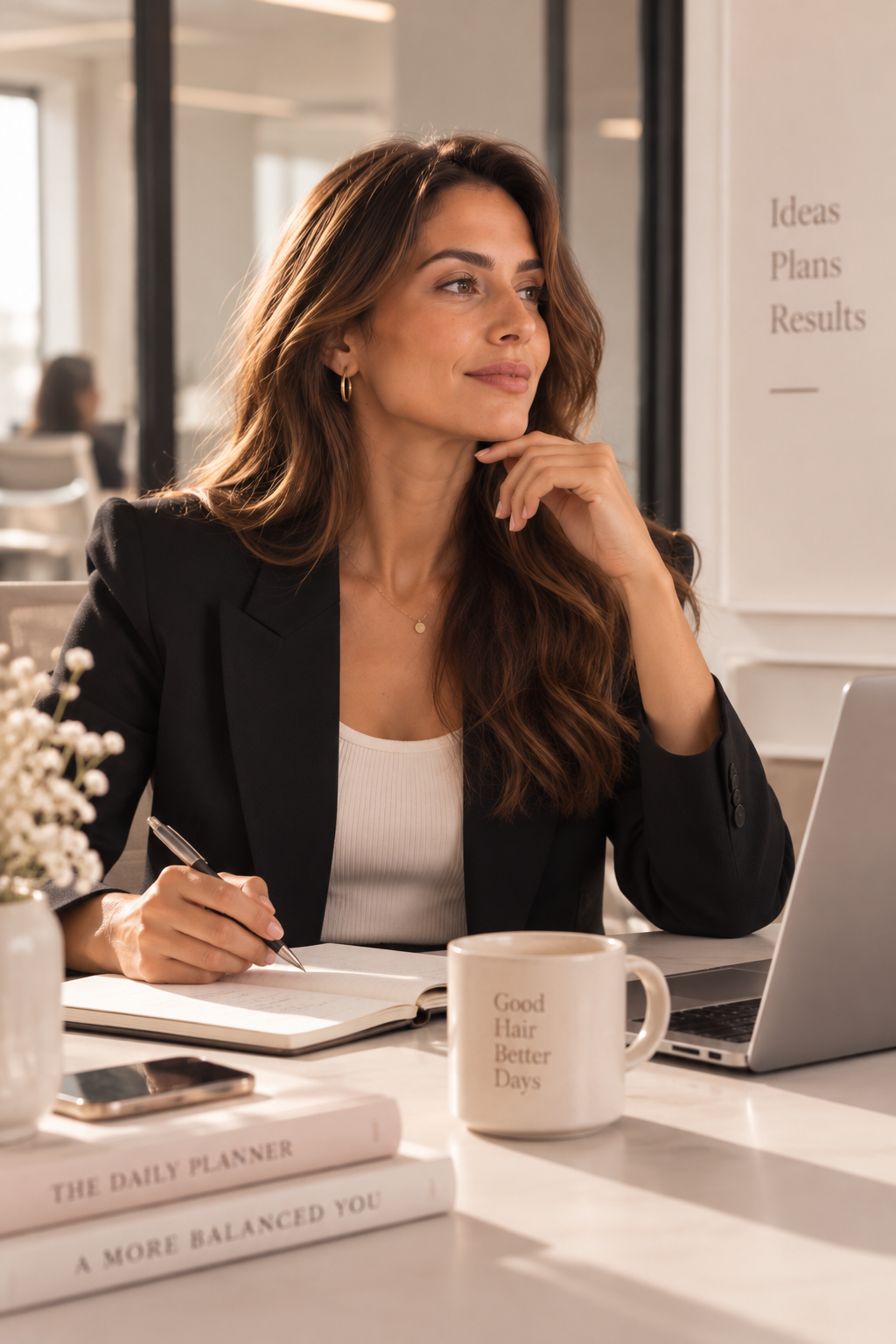Femme au bureau prête pour une réunion – cheveux frais et coiffés avec DryA.
