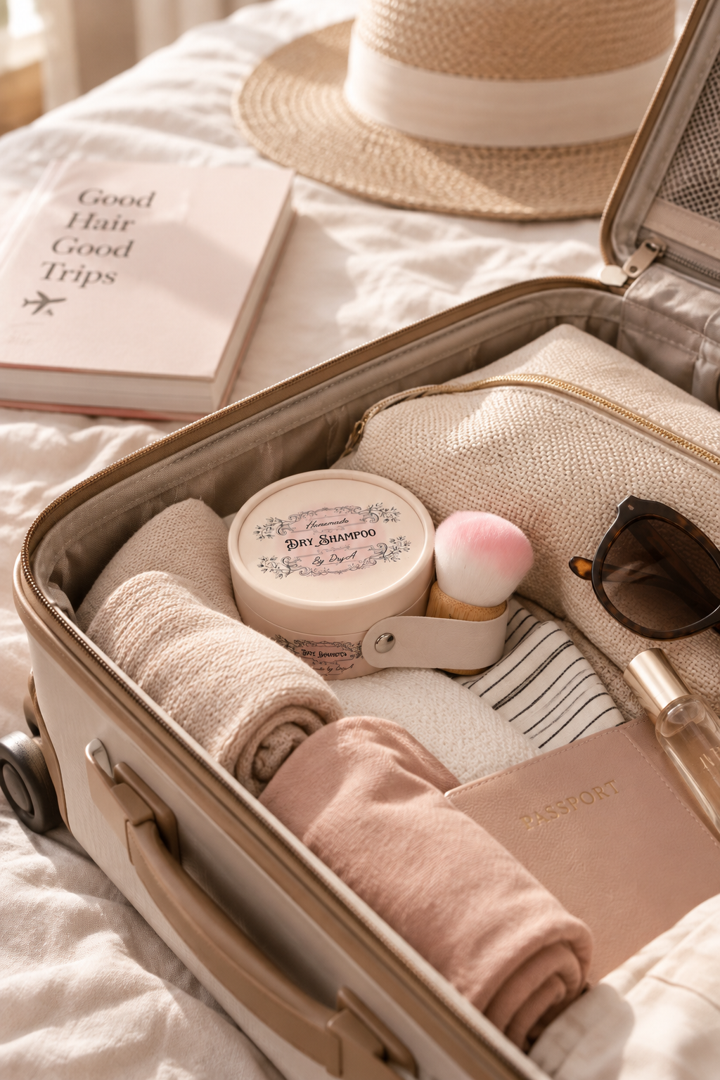 Valise ouverte avec le shampoing sec en poudre DryA. – routine capillaire pratique en voyage